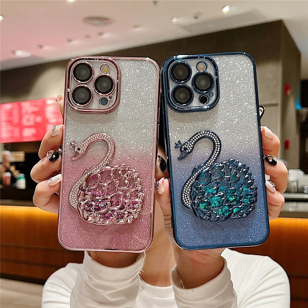For  iPhone 16 Pro Max Case Swan Design Quicksand TPU Phone Cover with Glass Lens Film - Blue - 6