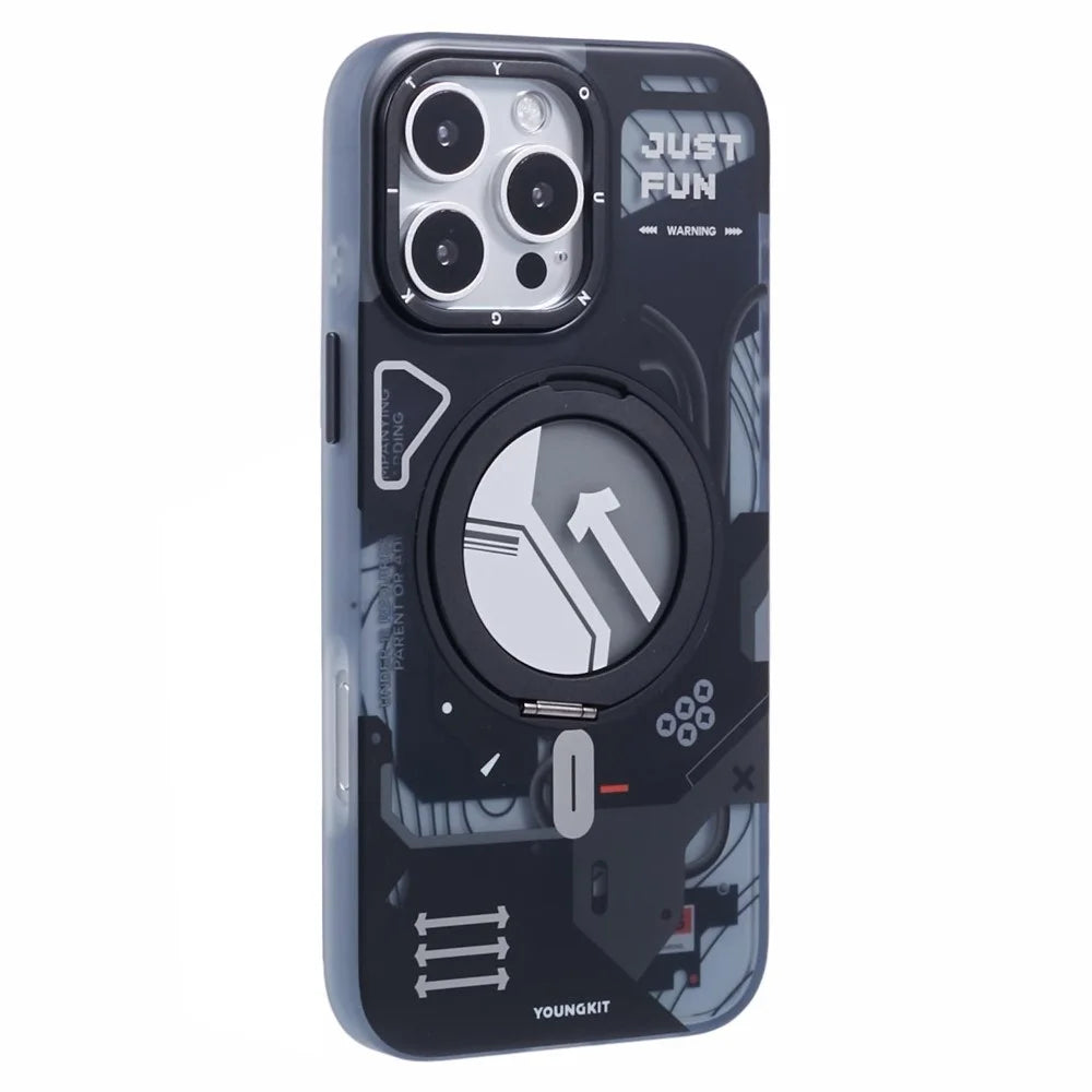 YOUNGKIT for iPhone 16 Pro Max Magnetic Case Rotating Kickstand IMD TPU Phone Cover - Black - 1