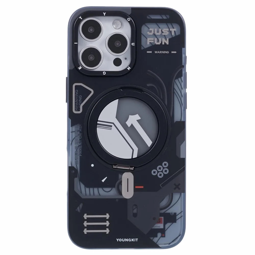 YOUNGKIT for iPhone 16 Pro Max Magnetic Case Rotating Kickstand IMD TPU Phone Cover - Black - 3