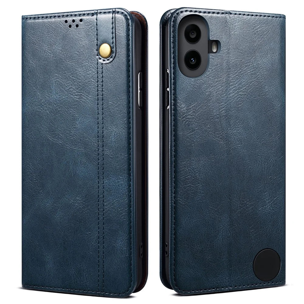 For Nothing CMF Phone 1 Case Crazy Horse Texture Waxy Leather Wallet Stand Cover - Blue - 1