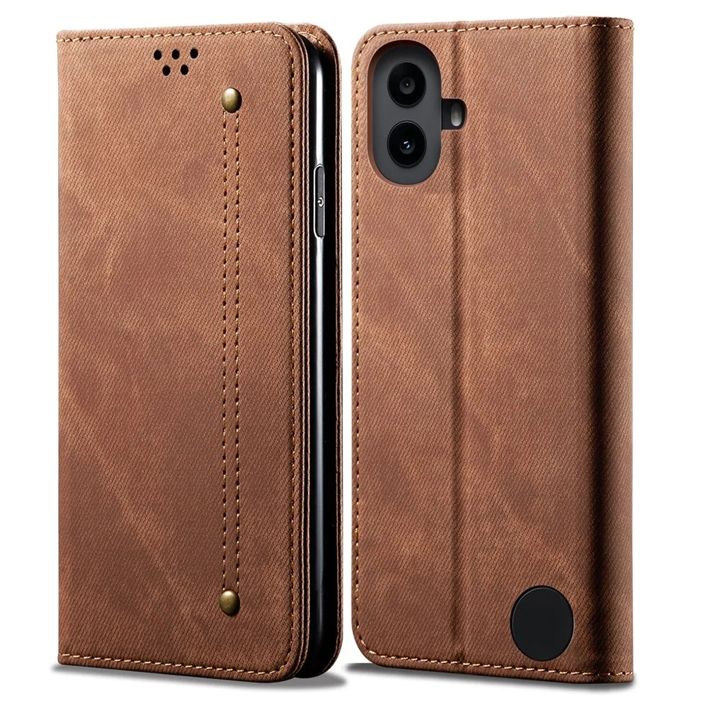 For Nothing CMF Phone 1 Case Jeans Cloth Texture Anti-Scratch Leather Stand Phone Cover - Coffee - 1