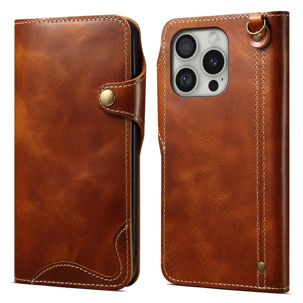 For iPhone 16 Pro Case Waxy Genuine Cow Leather Phone Wallet Shockproof Cover - Brown - 1
