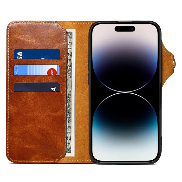 For iPhone 16 Pro Case Waxy Genuine Cow Leather Phone Wallet Shockproof Cover - Brown - 2