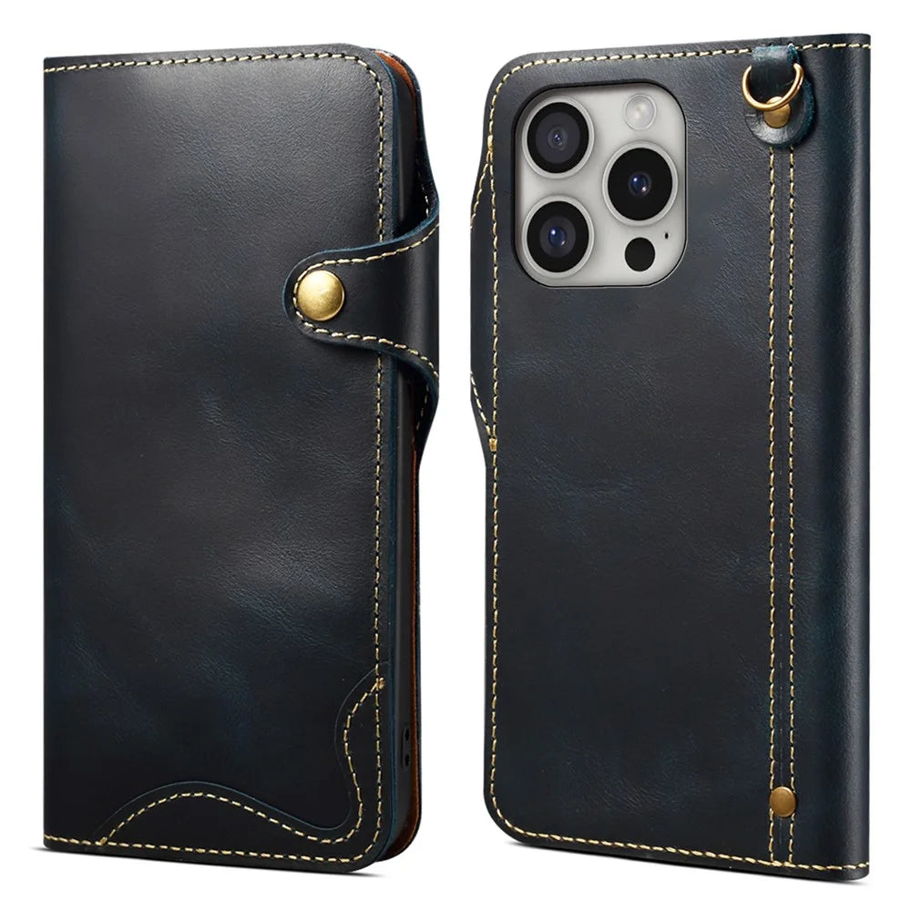 For iPhone 16 Pro Max Case Waxy Genuine Cow Leather Phone Wallet Shockproof Cover - Blue - 1