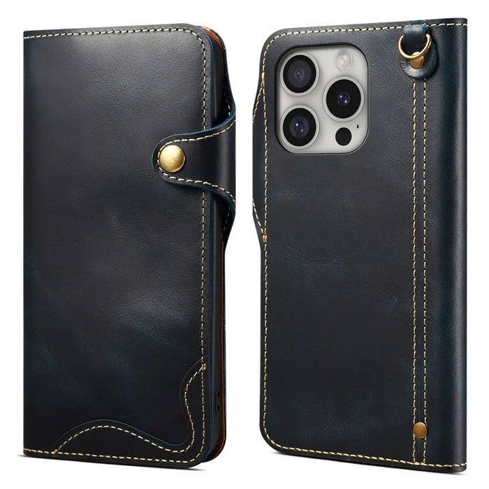 For iPhone 16 Pro Max Case Waxy Genuine Cow Leather Phone Wallet Shockproof Cover - Blue - 1