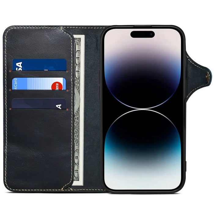For iPhone 16 Pro Max Case Waxy Genuine Cow Leather Phone Wallet Shockproof Cover - Blue - 2
