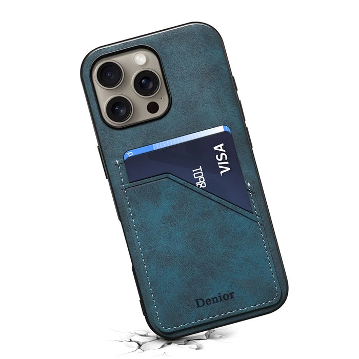 DENIOR For iPhone 16 Pro Max Case Dual Card Slots PU Leather+TPU+PC Phone Cover - Blue - 2