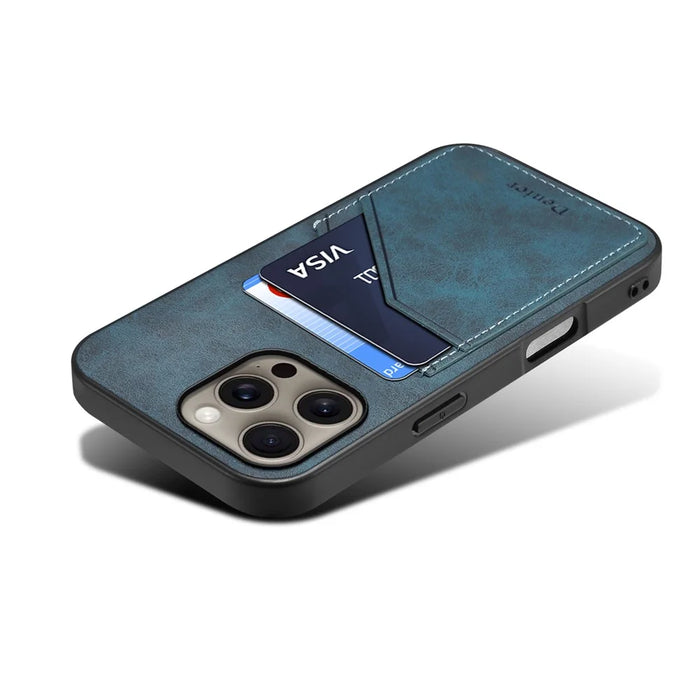 DENIOR For iPhone 16 Pro Max Case Dual Card Slots PU Leather+TPU+PC Phone Cover - Blue - 3