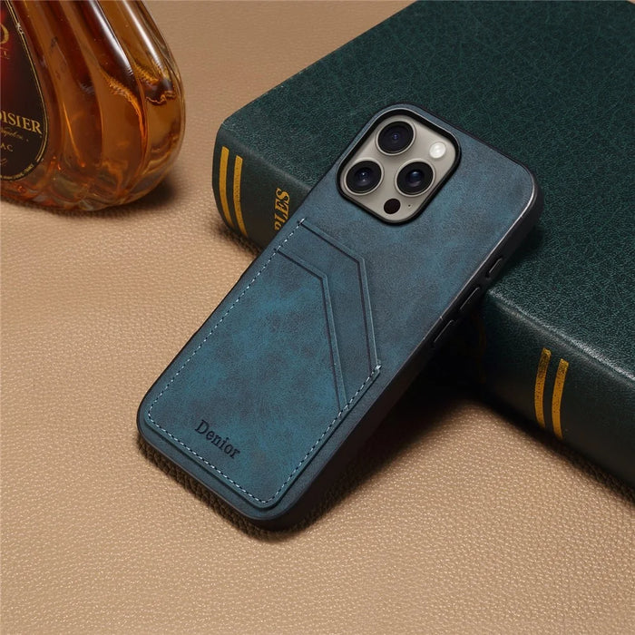 DENIOR For iPhone 16 Pro Max Case Dual Card Slots PU Leather+TPU+PC Phone Cover - Blue - 5