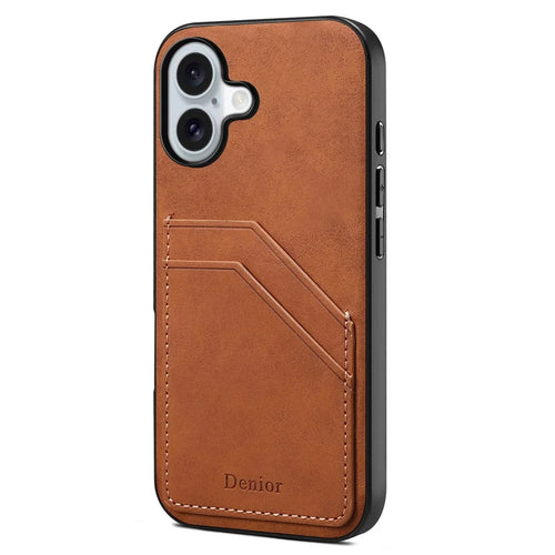 DENIOR For iPhone 16 Case Dual Card Slots PU Leather+TPU+PC Phone Cover - Brown - 1