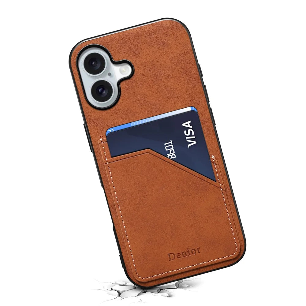 DENIOR For iPhone 16 Case Dual Card Slots PU Leather+TPU+PC Phone Cover - Brown - 2