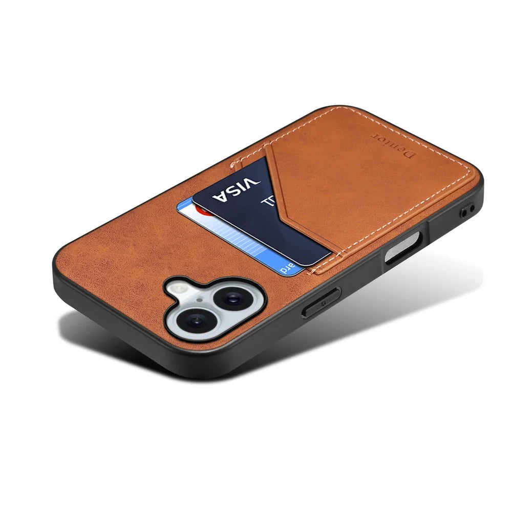 DENIOR For iPhone 16 Case Dual Card Slots PU Leather+TPU+PC Phone Cover - Brown - 4