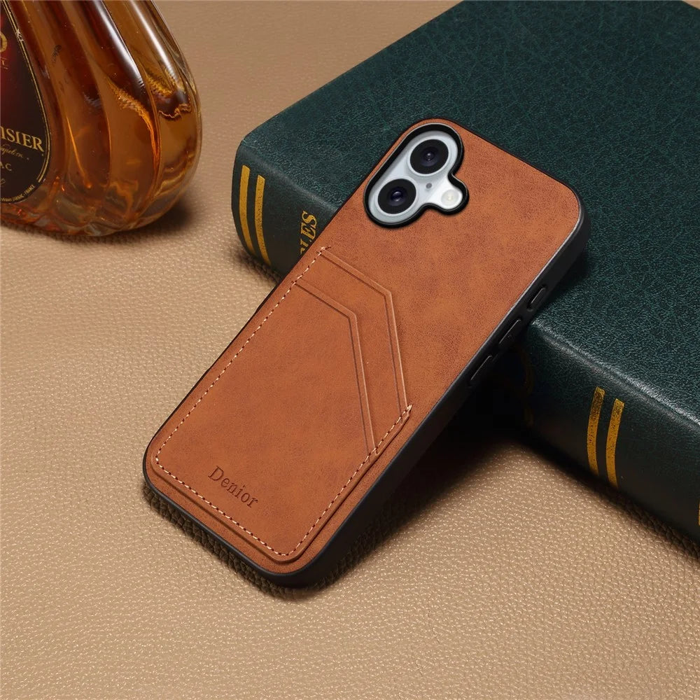 DENIOR For iPhone 16 Case Dual Card Slots PU Leather+TPU+PC Phone Cover - Brown - 5