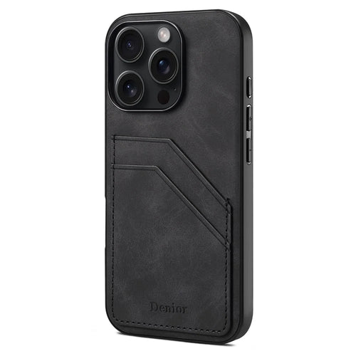 DENIOR For iPhone 16 Pro Case Dual Card Slots PU Leather+TPU+PC Phone Cover - Black - 1