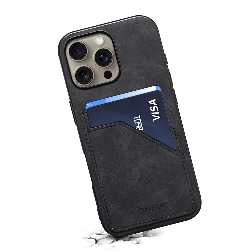 DENIOR For iPhone 16 Pro Case Dual Card Slots PU Leather+TPU+PC Phone Cover - Black - 2