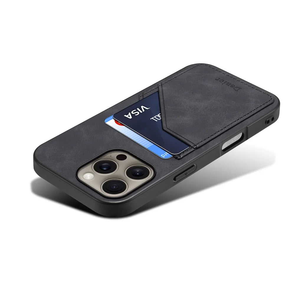 DENIOR For iPhone 16 Pro Case Dual Card Slots PU Leather+TPU+PC Phone Cover - Black - 3