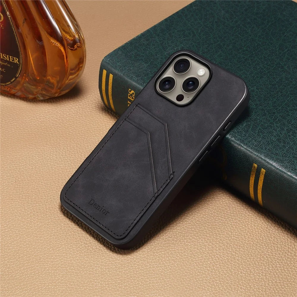 DENIOR For iPhone 16 Pro Case Dual Card Slots PU Leather+TPU+PC Phone Cover - Black - 5