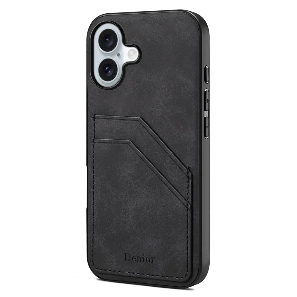 DENIOR For iPhone 16 Plus Case Dual Card Slots PU Leather+TPU+PC Phone Cover - Black - 1