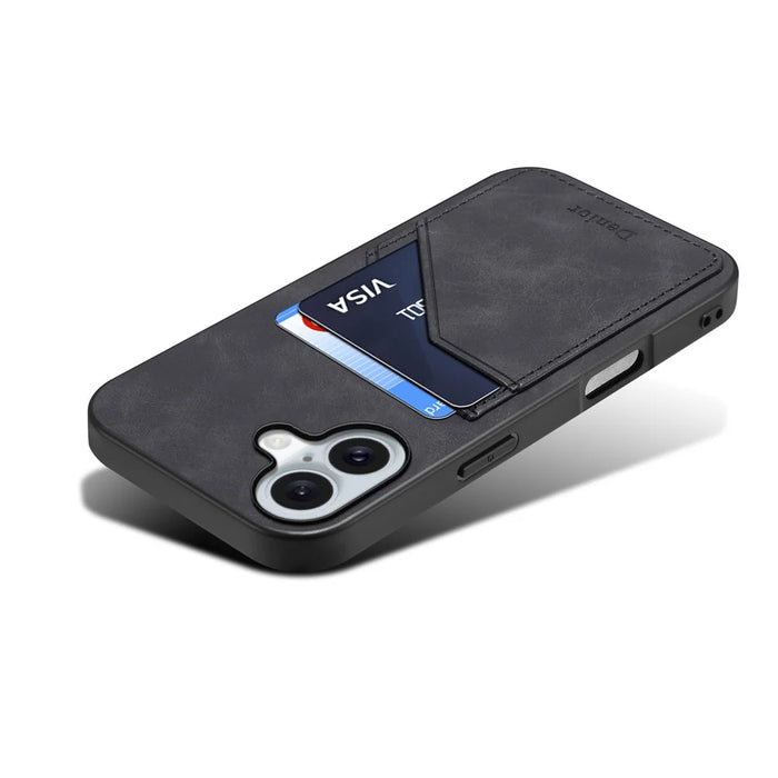 DENIOR For iPhone 16 Plus Case Dual Card Slots PU Leather+TPU+PC Phone Cover - Black - 4