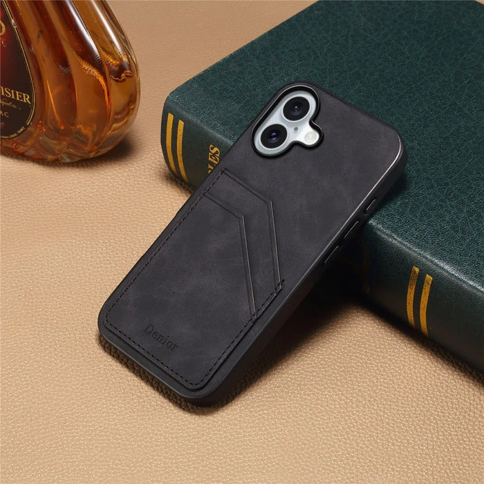 DENIOR For iPhone 16 Plus Case Dual Card Slots PU Leather+TPU+PC Phone Cover - Black - 5