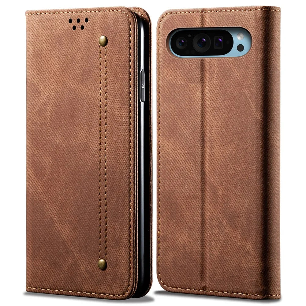 For Google Pixel 9 Pro  /  Pixel 9 Case Jeans Cloth Texture Anti-Scratch Leather Stand Phone Cover - Brown - 1