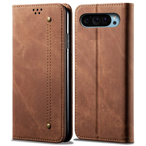 For Google Pixel 9 Pro  /  Pixel 9 Case Jeans Cloth Texture Anti-Scratch Leather Stand Phone Cover - Brown - 1