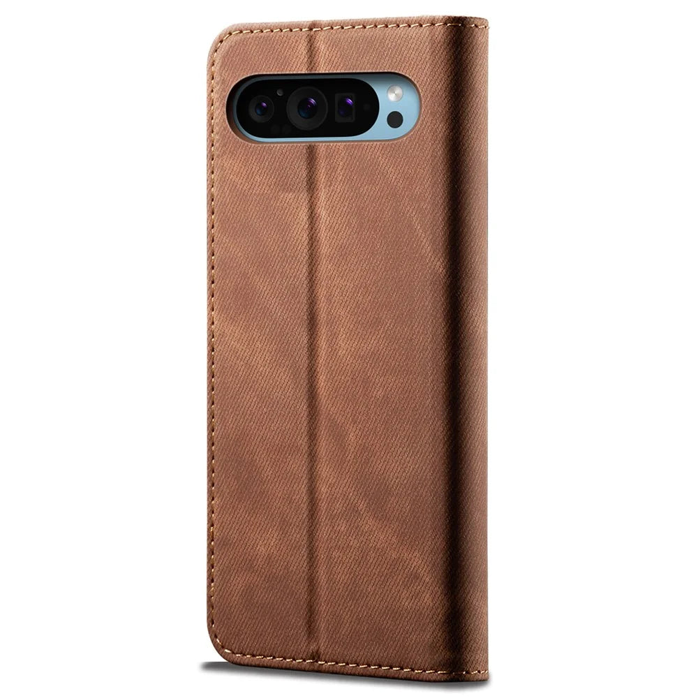 For Google Pixel 9 Pro  /  Pixel 9 Case Jeans Cloth Texture Anti-Scratch Leather Stand Phone Cover - Brown - 6