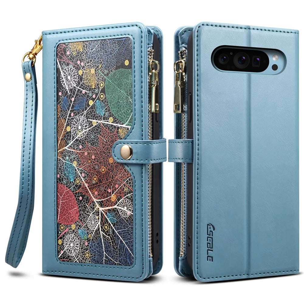 ESEBLE Galaxy Series For Google Pixel 9 Pro  /  Pixel 9 Case Leather Zipper Phone Cover RFID Blocking - Blue - 1