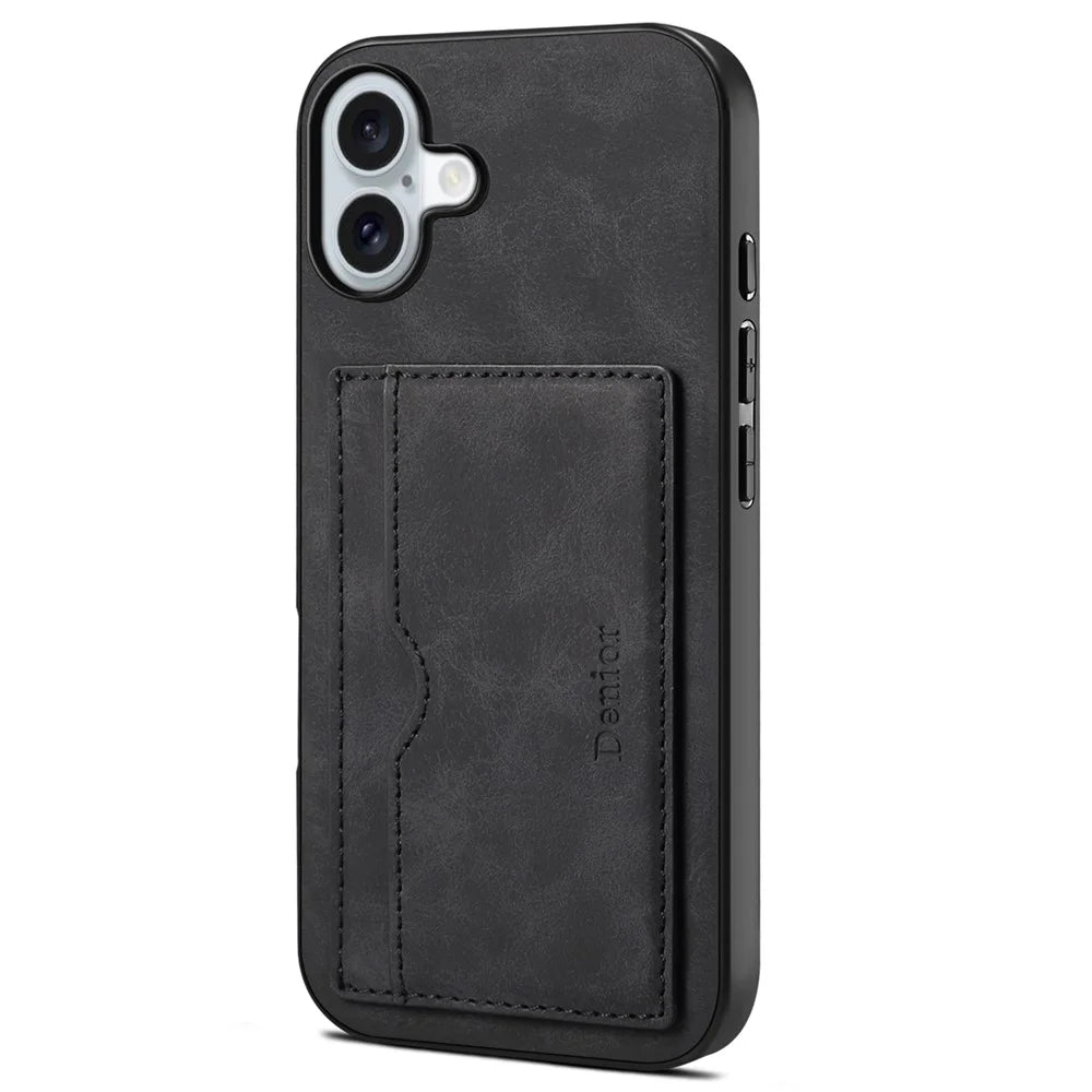 DENIOR For iPhone 16 Plus Case Card Holder Kickstand Retro Leather+PC+TPU Phone Cover - Black - 1