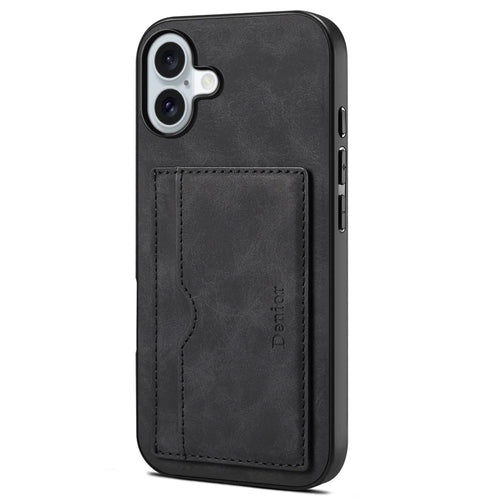 DENIOR For iPhone 16 Plus Case Card Holder Kickstand Retro Leather+PC+TPU Phone Cover - Black - 1