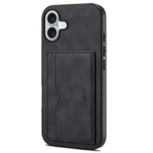 DENIOR For iPhone 16 Plus Case Card Holder Kickstand Retro Leather+PC+TPU Phone Cover - Black - 1