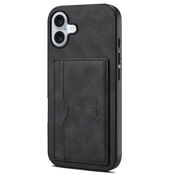 DENIOR For iPhone 16 Plus Case Card Holder Kickstand Retro Leather+PC+TPU Phone Cover - Black - 1