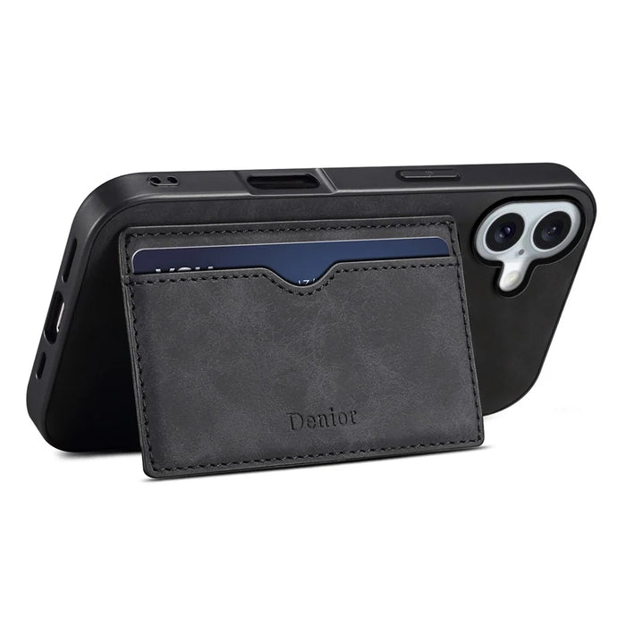 DENIOR For iPhone 16 Plus Case Card Holder Kickstand Retro Leather+PC+TPU Phone Cover - Black - 2