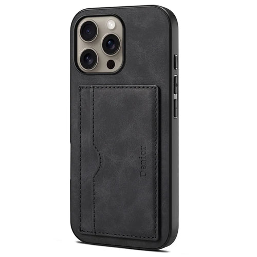 DENIOR For iPhone 16 Pro Max Case Card Holder Kickstand Retro Leather+PC+TPU Phone Cover - Black - 1