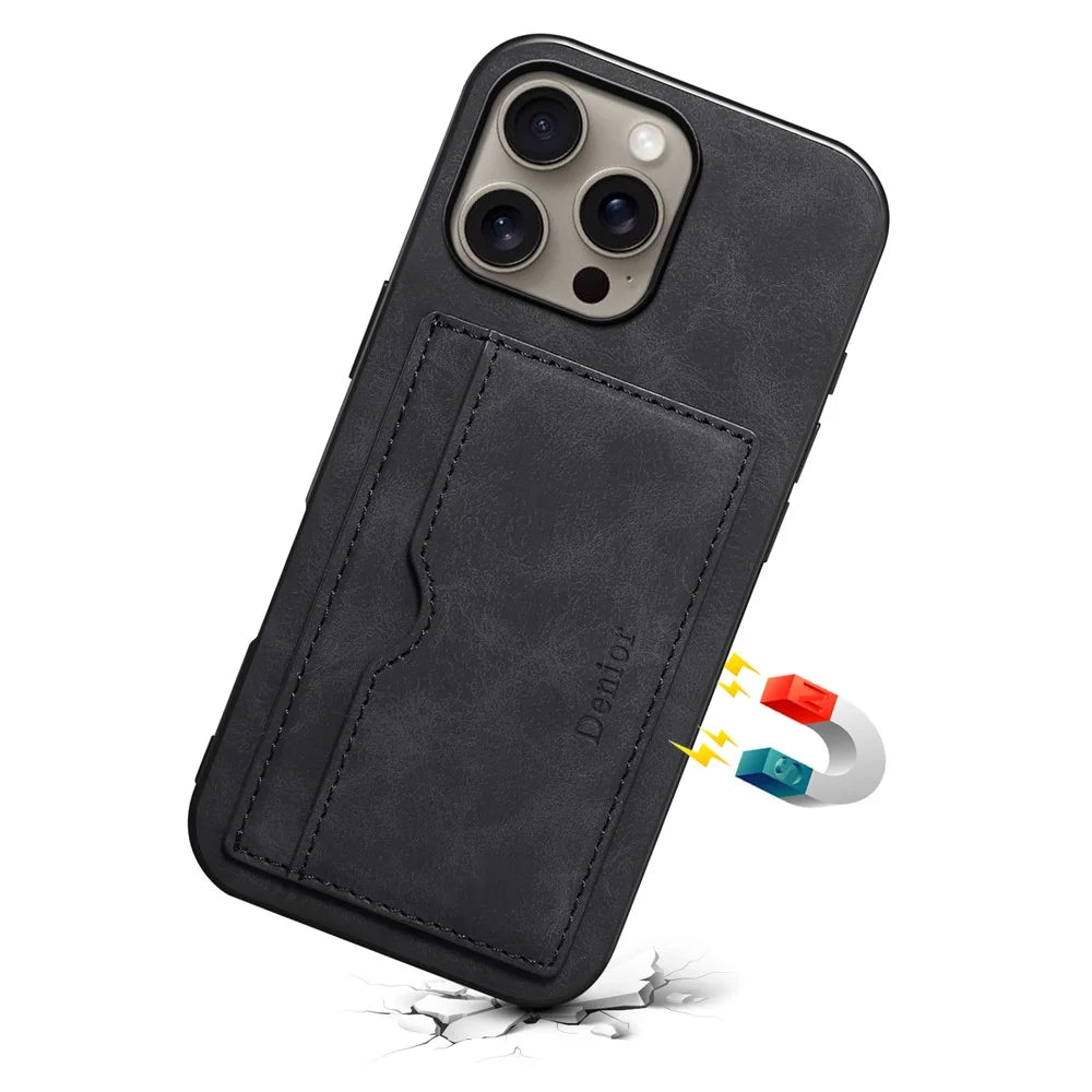 DENIOR For iPhone 16 Pro Max Case Card Holder Kickstand Retro Leather+PC+TPU Phone Cover - Black - 3