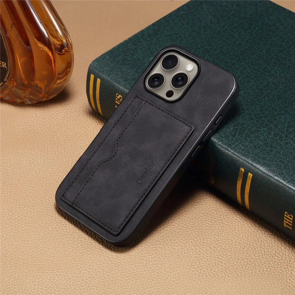 DENIOR For iPhone 16 Pro Max Case Card Holder Kickstand Retro Leather+PC+TPU Phone Cover - Black - 5