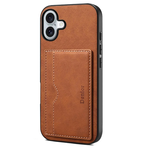 DENIOR For iPhone 16 Case Card Holder Kickstand Retro Leather+PC+TPU Phone Cover - Brown - 1