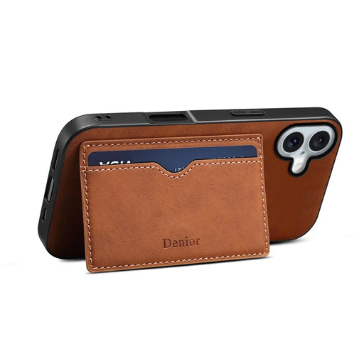 DENIOR For iPhone 16 Case Card Holder Kickstand Retro Leather+PC+TPU Phone Cover - Brown - 2
