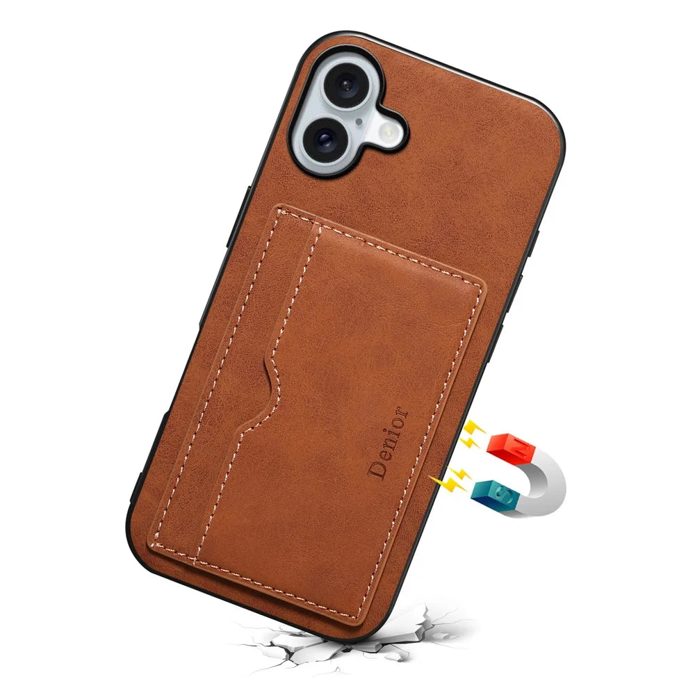 DENIOR For iPhone 16 Case Card Holder Kickstand Retro Leather+PC+TPU Phone Cover - Brown - 3