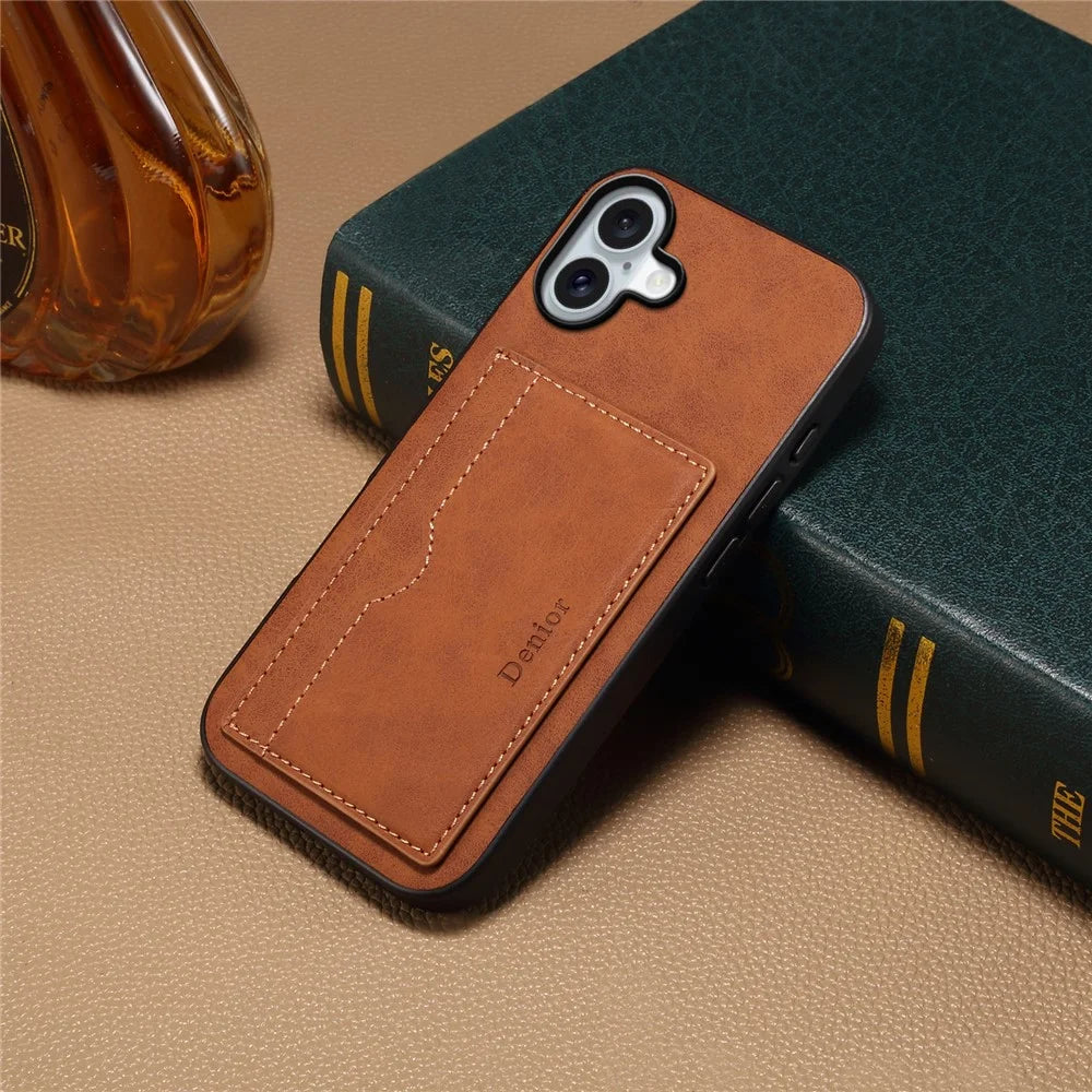 DENIOR For iPhone 16 Case Card Holder Kickstand Retro Leather+PC+TPU Phone Cover - Brown - 5