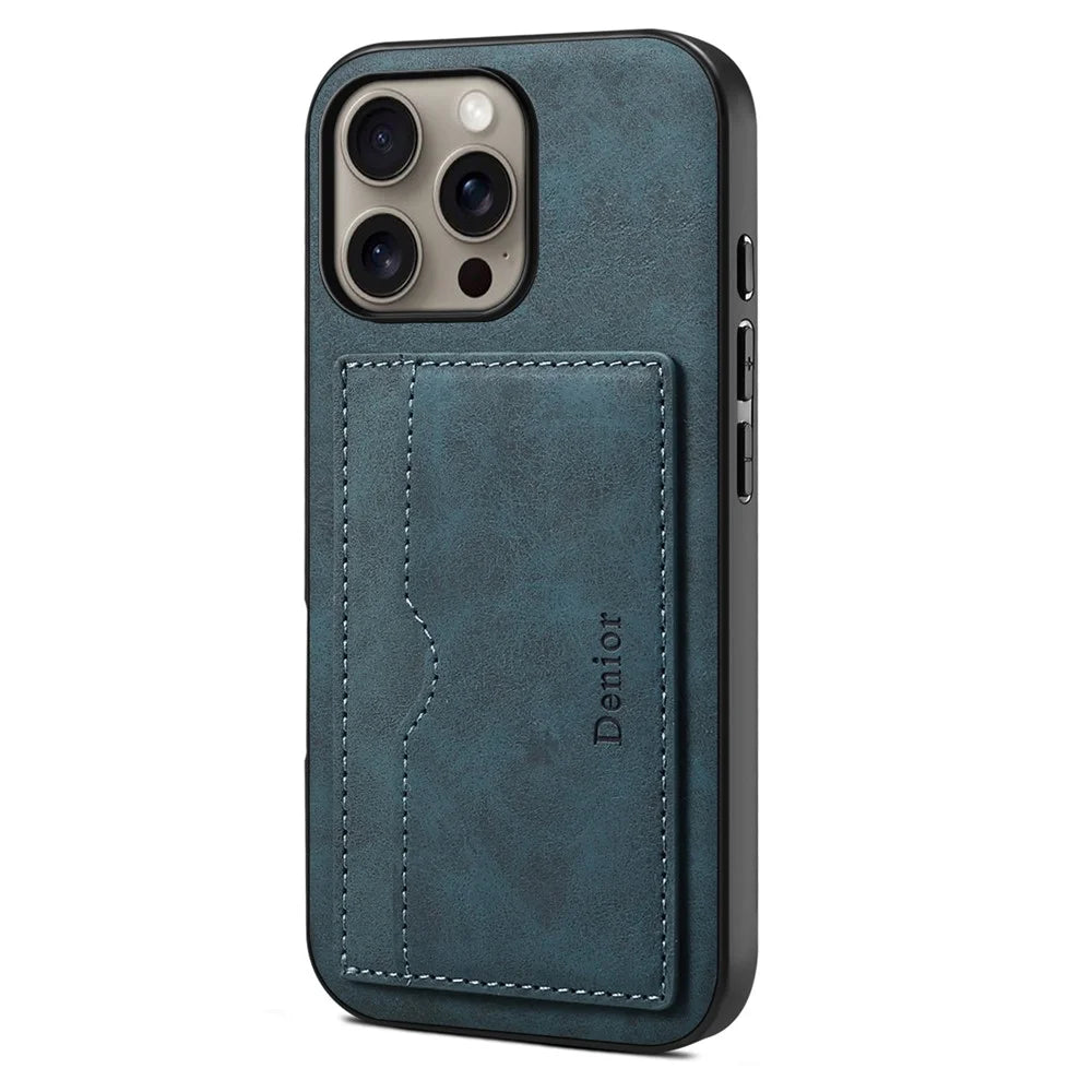 DENIOR For iPhone 16 Pro Case Card Holder Kickstand Retro Leather+PC+TPU Phone Cover - Blue - 1
