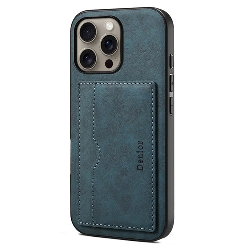 DENIOR For iPhone 16 Pro Case Card Holder Kickstand Retro Leather+PC+TPU Phone Cover - Blue - 1