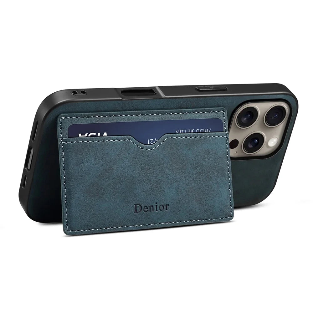 DENIOR For iPhone 16 Pro Case Card Holder Kickstand Retro Leather+PC+TPU Phone Cover - Blue - 2