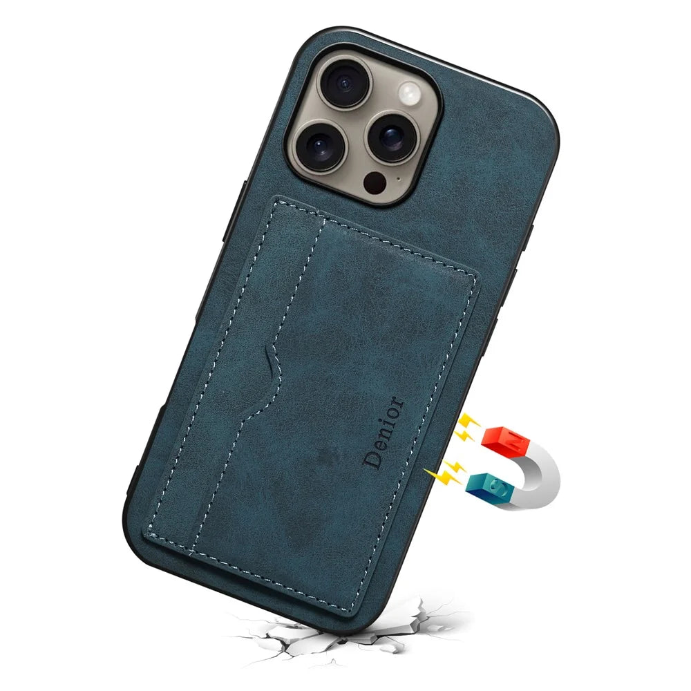 DENIOR For iPhone 16 Pro Case Card Holder Kickstand Retro Leather+PC+TPU Phone Cover - Blue - 3