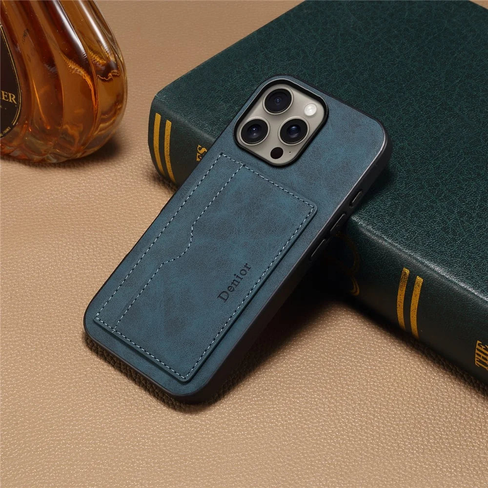 DENIOR For iPhone 16 Pro Case Card Holder Kickstand Retro Leather+PC+TPU Phone Cover - Blue - 5