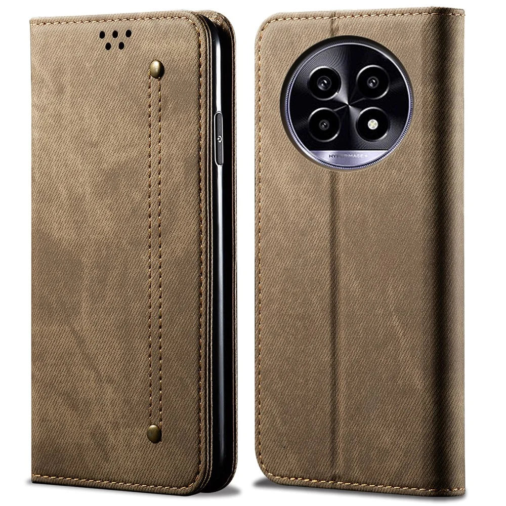 For Realme 13 Pro 5G (Global) / 13 Pro+ 5G (Global) Case Jeans Cloth Texture Anti-Scratch Leather Stand Phone Cover - Khaki - 1