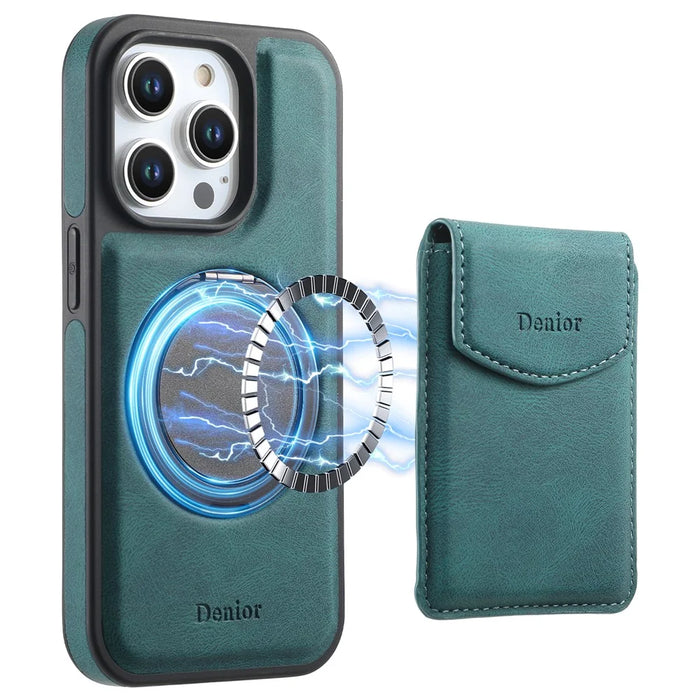 DENIOR D20 For iPhone 15 Pro Max Case Detachable Card Bag Rotary Kickstand Leather+PC+TPU Cover - Blue - 1
