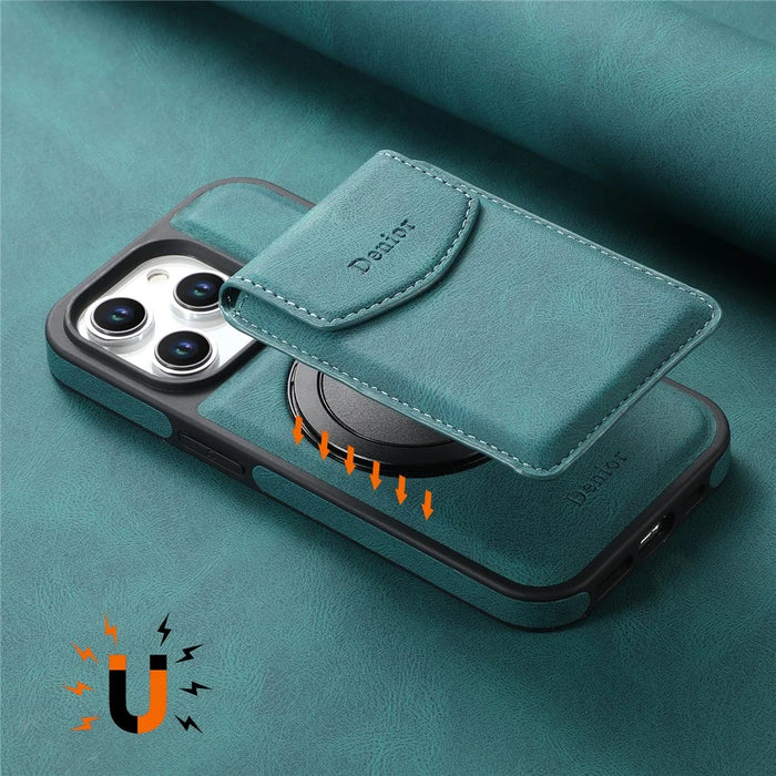 DENIOR D20 For iPhone 15 Pro Max Case Detachable Card Bag Rotary Kickstand Leather+PC+TPU Cover - Blue - 7