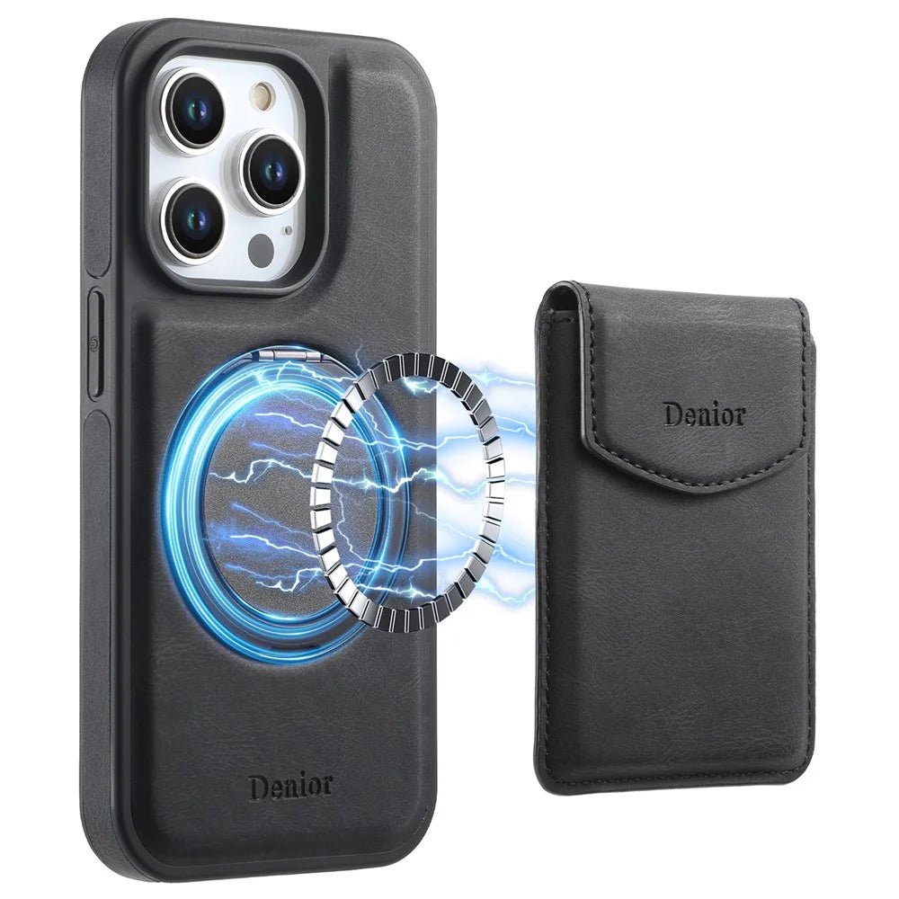 DENIOR D20 For iPhone 15 Pro Case Detachable Card Bag Rotary Kickstand Leather+PC+TPU Cover - Black - 1