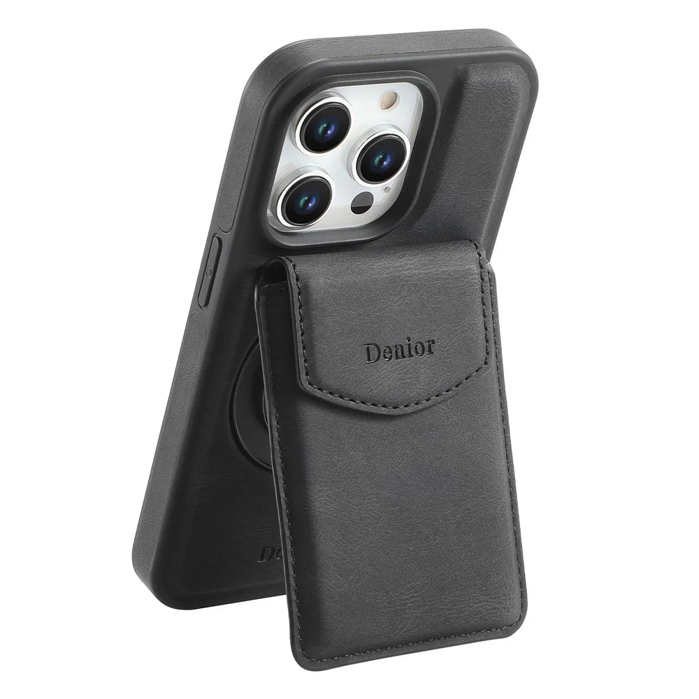DENIOR D20 For iPhone 15 Pro Case Detachable Card Bag Rotary Kickstand Leather+PC+TPU Cover - Black - 3